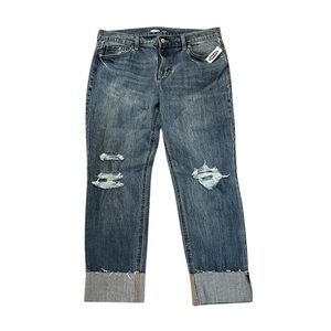 NWT Old Navy Boyfriend Straight Ankle Crop Wide Cuff Jeans, Distressed, 10